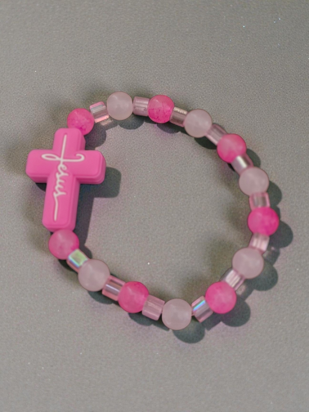 Handmade Pink Cross Jesus Beaded Stretch Bracelet New